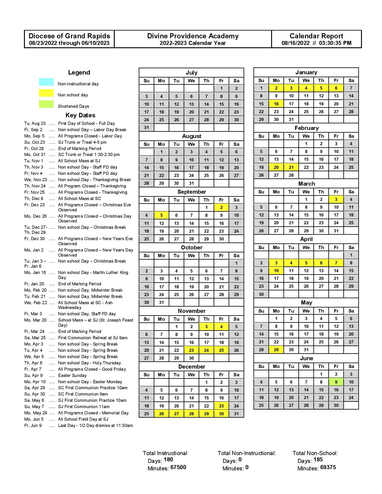 2022/2023 DPA Calendar Divine Providence Academy